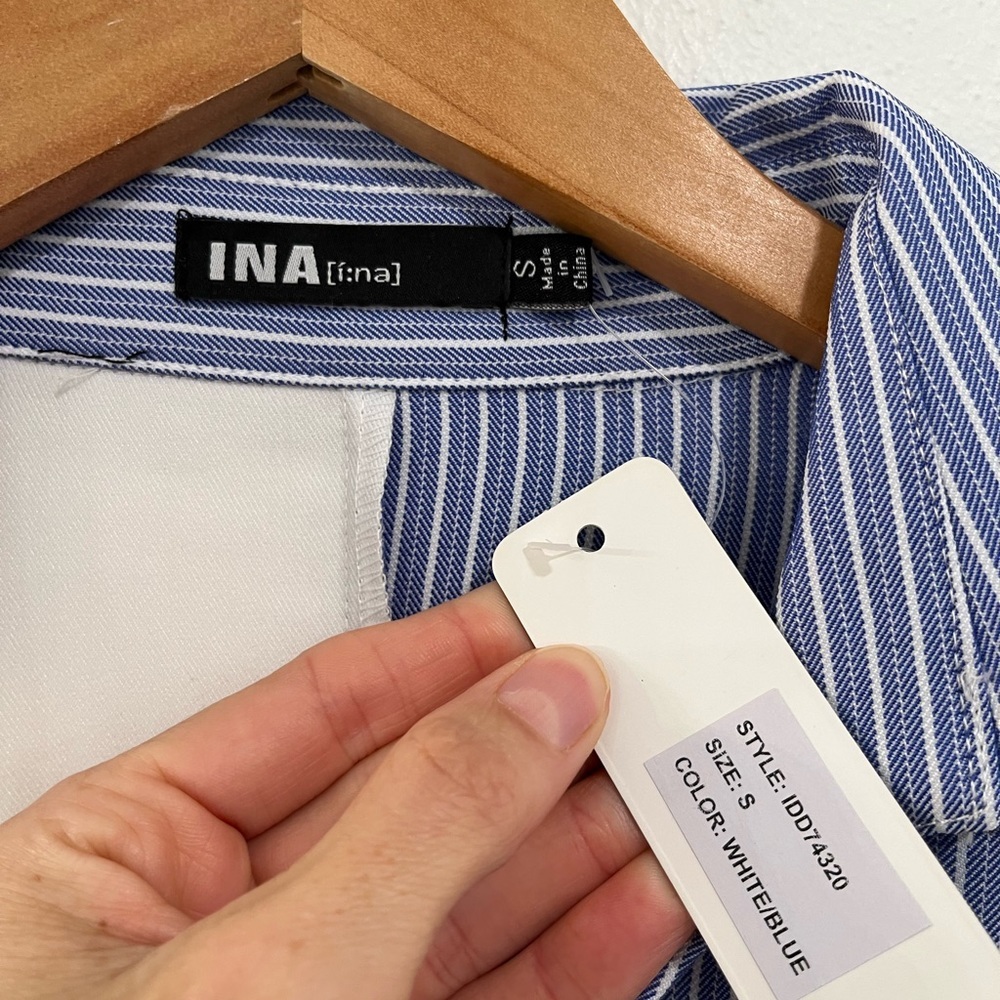 I:NA blue & white colorblock striped asymmetrical hem tie waist shirt dress NWT - Picture 4 of 16